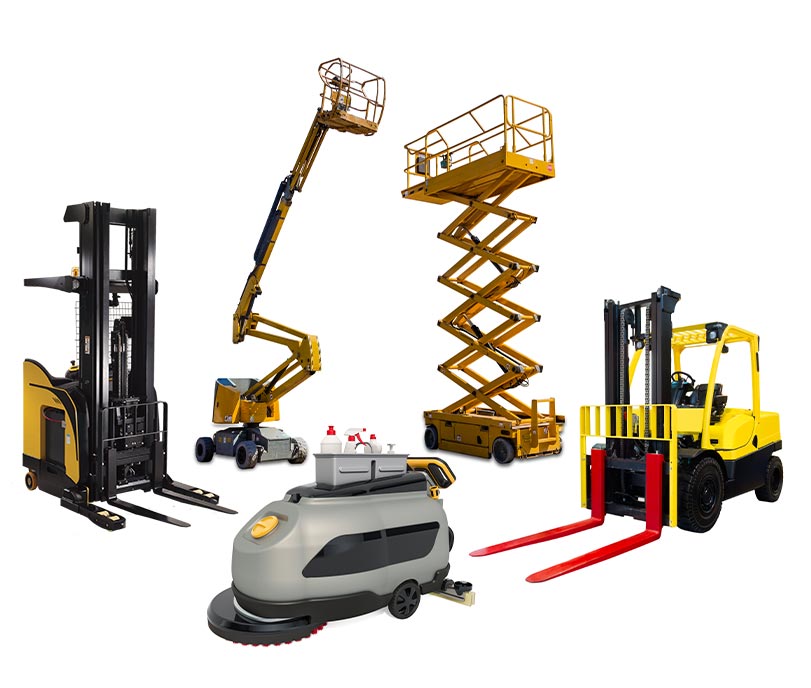 Electric reach truck, boom lift, scissor lift, walk-behind scrubber, and forklift truck lined up.