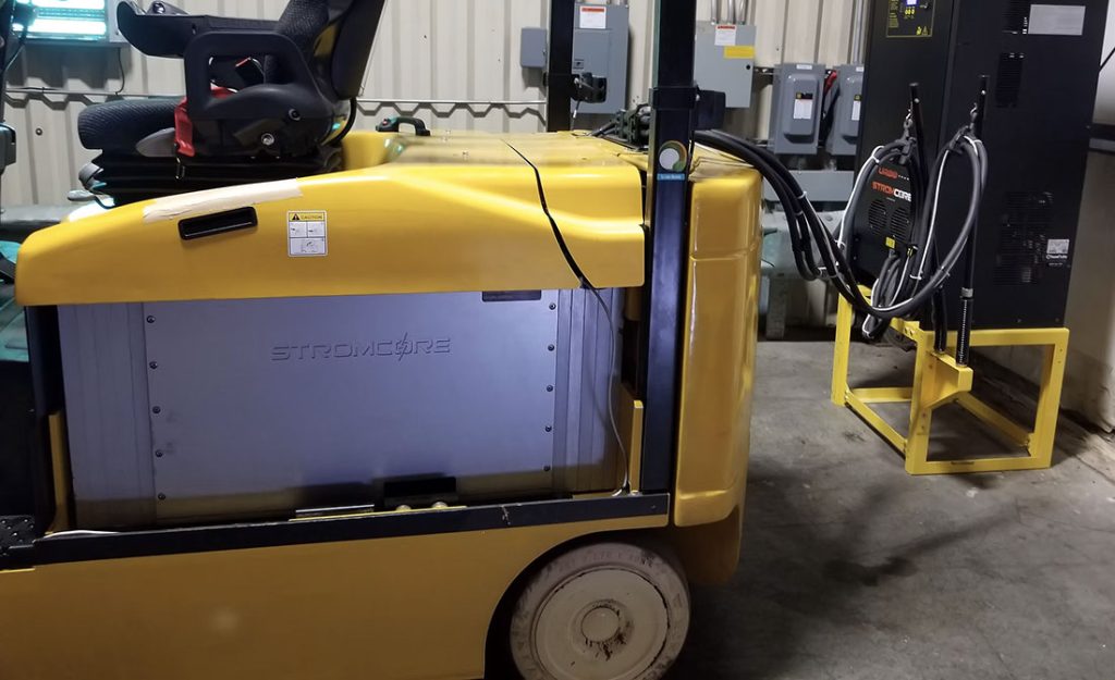 Forklift with lithium-ion battery charging. 